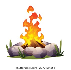 Burning bonfire with wood and stones vector cartoon illustration