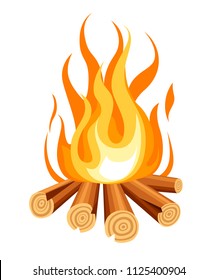 Burning bonfire with wood. Vector cartoon style illustration of bonfire. Isolated on white background.