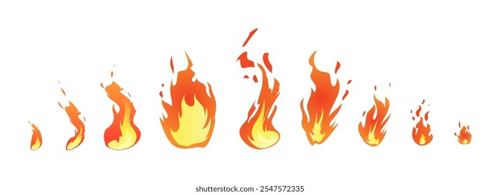 Brennende Lagerfeuer oder Lagerfeuer Vektor flachen Stil Symbole gesetzt. Verschiedene Größen und Formen der Flammenwirkung mit Funken, Grad Verbrennung von Feuer. Cartoon rotes Feuer verzehrendes Element. Heißes Schild, Taschenlampe