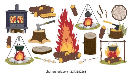 Juego de vectores de fogatas quemadas. Madera de fuego, chimenea, fogata, hacha, muñón.