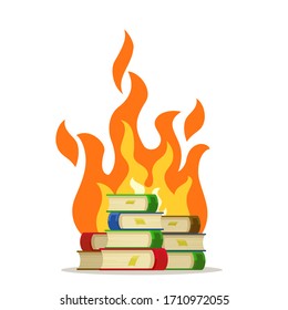 Burning books. Stack of book in fire. Censorship and dictatorship, end of freedom. Vector illustration, flat design element, cartoon style, isolated on white background.