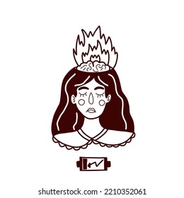 Burning brain. flame. Doodle. Emotional burnout.Professional burnout syndrome. Tired woman in stress. Mental problems, depressed female worker with low energy battery