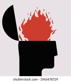 Burning brain or professional or emotional burnout or stress or overworking  exhausting concept with burning human head silhouette. Conceptual vector illustration