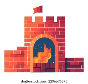 Castillo de ladrillo en llamas simboliza peligro e icono de calor aislado