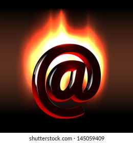 Burning in bright flames email symbol over dark background as a symbol of personal data unsafety