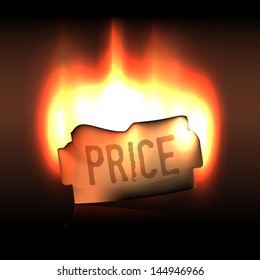 Burning bright old weathered and burnt price sticker in the dark as a symbol of sale season