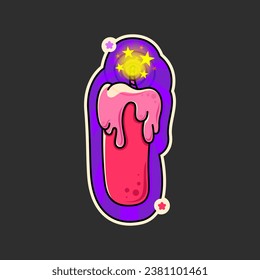 A burning, bright red candle on a purple background. Sticker in cartoon style. Vector illustration.