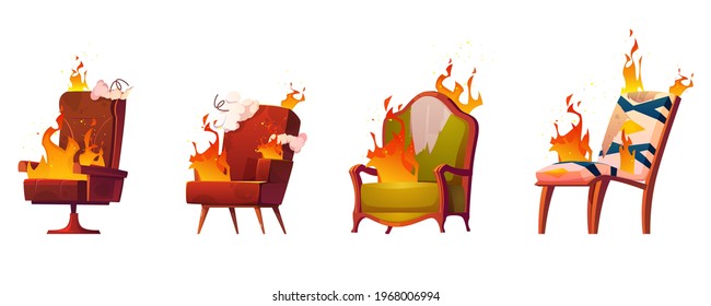 Burning broken chairs and armchairs, old junk furniture in fire, defected home interior objects with torn upholstery and sticking springs isolated on white background, Cartoon vector illustration, set