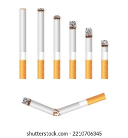 Burning and broken cigarettes set. Bad habits, cancer, smoking addiction and nicotine concept. Unhealthy cigarette isolated on white background. 3d vector illustration