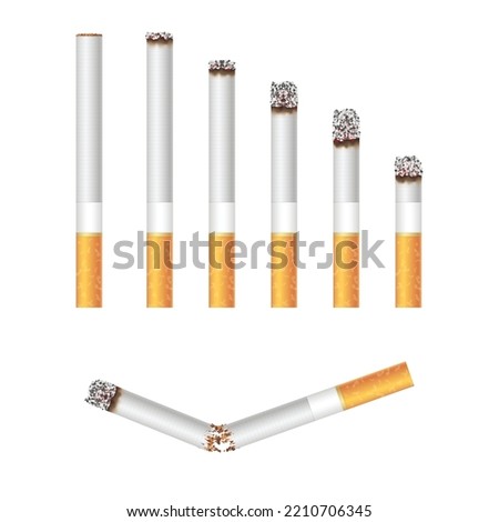 Burning and broken cigarettes set. Bad habits, cancer, smoking addiction and nicotine concept. Unhealthy cigarette isolated on white background. 3d vector illustration