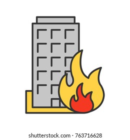 Burning building color icon. House on fire. Isolated vector illustration