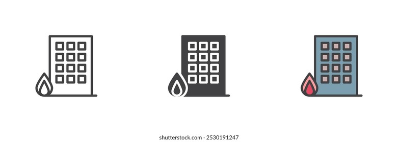 Burning building different style icon set. Line, glyph and filled outline colorful version, outline and filled vector sign. Fire house symbol, logo illustration. Vector graphics