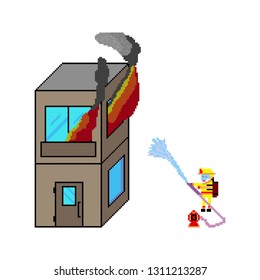 Burning building. Fire in the house. Firefighter extinguishes fire. Extinguish the fire. Pixel 8 bit art style icons. Stickers design. Vector illustration isolated on white background.