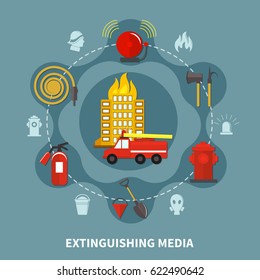 Burning building and firefighting extinguishing media concept on grey background flat vector illustration