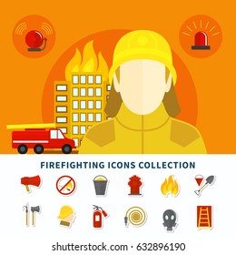 Burning building fireman and firefighting icons collection on white background flat isolated vector illustration