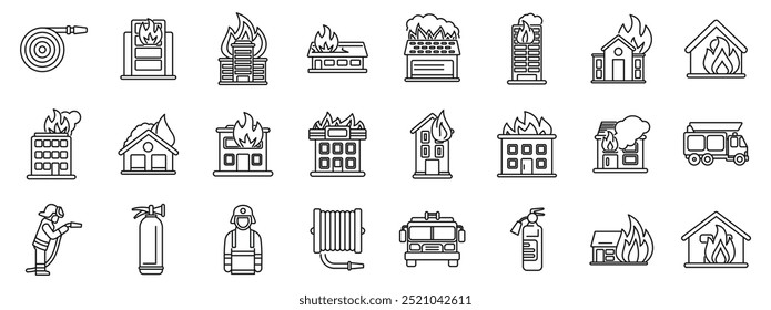 Gravando conjunto de ícones de construção. Bombeiro extinguindo fogo com extintor protegendo edifício de queimar conjunto de ícones de linha abaixo, adequado para qualquer projeto de web, impressão, educação ou apresentação