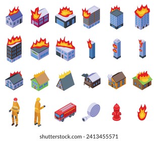 Burning building icons set isometric vector. Fire house stew. Emergency flame