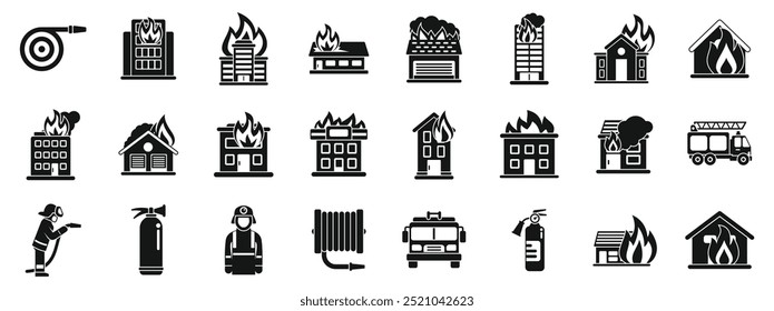 Burning building icons set. Set of icons representing different aspects of firefighting, featuring burning buildings, fire trucks, and a firefighter in action