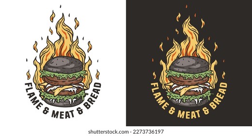 Burning burger or burger in fire with meat, cheese and vegetable for logo or emblem. American fast food or USA food with bun, lettuce, cheese, tomato, onion, cutlet for store.