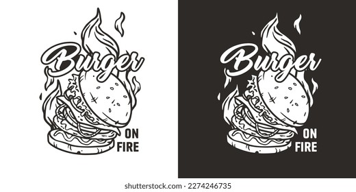 Burning burger or burger in fire with meat, cheese and vegetable for logo or emblem. American fast food or USA food with bun, lettuce, cheese, tomato, onion, cutlet for store.