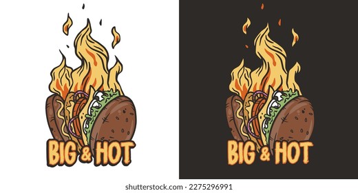 Burning burger or burger in fire with meat, cheese and vegetable for logo or emblem. American fast food or USA food with bun, lettuce, cheese, tomato, onion, cutlet for store.