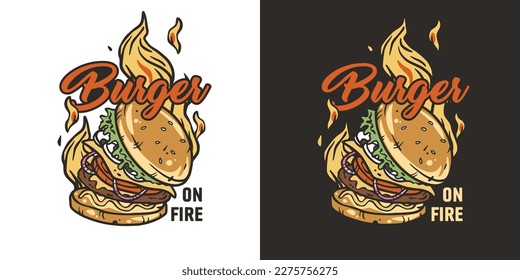 Burning burger or burger in fire with meat, cheese and vegetable for logo or emblem. American fast food or USA food with bun, lettuce, cheese, tomato, onion, cutlet for store.