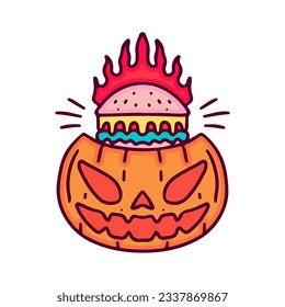 Burning burger inside a pumpkin monster, illustration for t-shirt, sticker, or apparel merchandise. With doodle, retro, and cartoon style.