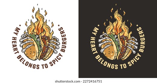 Burning Burger in Skeletthand. Amerikanisches Fastfood oder US-amerikanische Lebensmittel mit Knochen und Burger in Brand mit Fleisch, Käse und Gemüse für Logo oder Plakat
