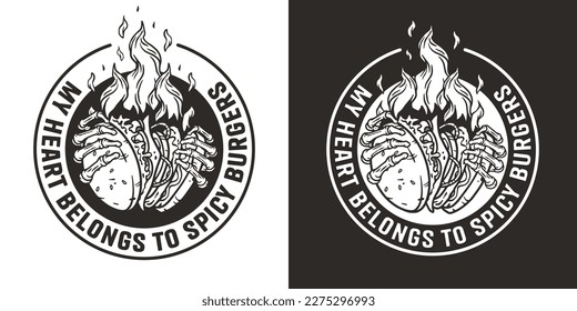 Burning burger in skeleton hands. American fast food or USA food with bones and burger in fire with meat, cheese and vegetable for logo or poster