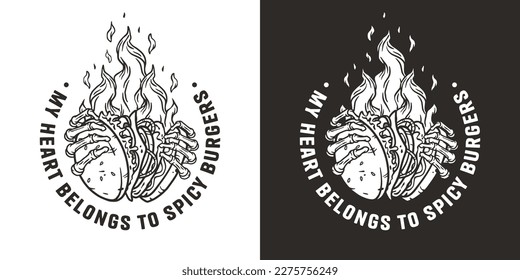Burning burger in skeleton hands. American fast food or USA food with bones and burger in fire with meat, cheese and vegetable for logo or poster