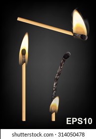 Burning and burnt match sticks on black background. Vector illustration
