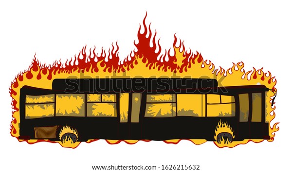 Burning bus.\
Vector illustration, flat style. Vector illustration, flat style.\
Isolated on a white\
background.