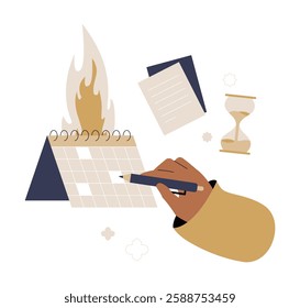 Burning Calendar With Hand Writing In Flat Vector Illustration Symbolizing Urgency, Deadline Pressure, And Time Running Out, Isolated On White Background