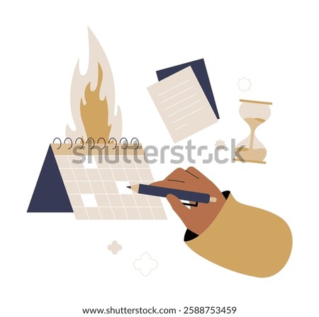 Burning Calendar With Hand Writing In Flat Vector Illustration Symbolizing Urgency, Deadline Pressure, And Time Running Out, Isolated On White Background