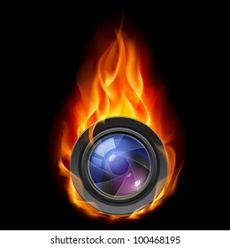 Burning the camera lens. Illustration on black background