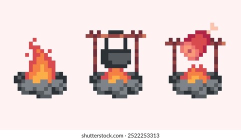 Queimando fogo acampamento com comida, presunto e caldeirão pixel art set. Coleção de fogos de cozinha. 8 bits. Desenvolvimento de jogos, aplicativo móvel. Ilustração isolada de vetor.