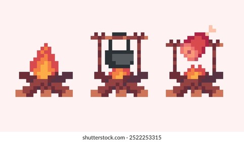 Burning camp fire with food, ham and cauldron pixel art set. Cooking fire pit collection. 8 bit. Game development, mobile app. Isolated vector illustration.