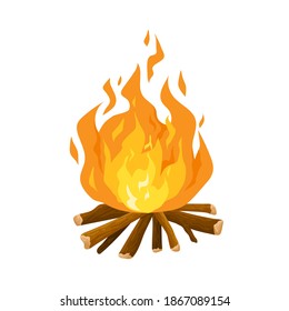 Burning campfire or bonfire on wooden logs isolated on white background. Design element of flame on firewood. Orange cartoon blaze. Colorful flat vector illustration