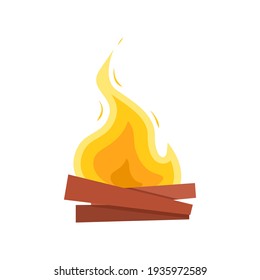 Burning campfire or bonfire on wooden logs isolated on white background. Design element of flame on firewood. Orange cartoon blaze. Colorful flat vector illustration.