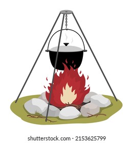 Una fogata ardiente con una olla de campamento en un trípode. Vector clipart.