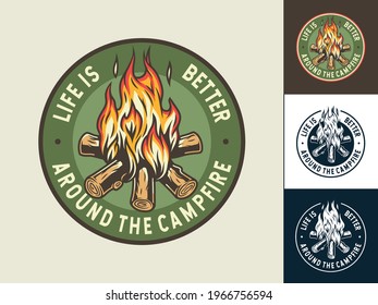 Burning campfire emblem with flame for camping design or t-shirt print. Colored set