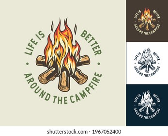 Burning campfire emblem with flame for camping design or t-shirt print. Colored set