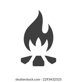 Burning campfire with flame camping expedition monochrome vintage icon design isometric vector illustration. Bonfire blaze firewood camp hiking adventure summer travel outdoor recreation logo