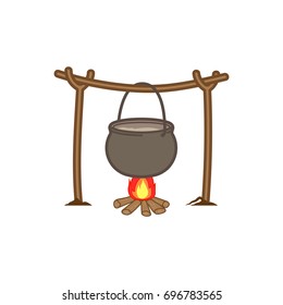 burning campfire with kettle isolated on white background. Cooking over a campfire