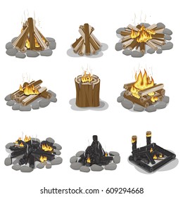 Burning campfire logs collection isolated on white. Vector poster of wood pieces with fire put in various positions with and without grey stones. Touristic burning firewood set in flat design