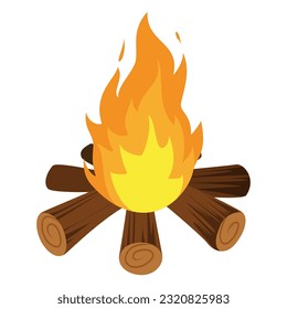 Burning campfire with wood blaze flame glowing heat for camping flammable fireplace isometric vector illustration. Fiery warm yellow orange light firewood for hiking travel activity outdoor night halt