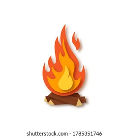 Burning campfire with wood isolated on white background. Bonfire, fireplace, flames. Paper cut out art digital craft style. Vector illustration