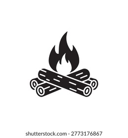 Burning campfire wood logs icon with flames in black and white style