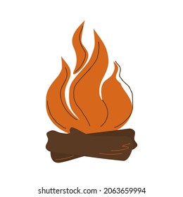 Quemando fogata con madera. Fuego mágico. Ilustración vectorial en forma de caricatura dibujada a mano plana. Aislado sobre fondo blanco. 