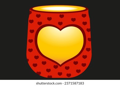 A burning candle against a black background. Illustration of a burning candle in a candlestick with hearts